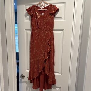 Kids 8 Chic Rust Dress with Gold Floral Accents, New with Tags!